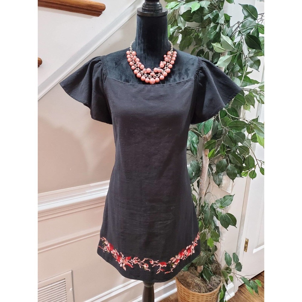 Lucy Paris Women Black Viscose Square Neck Short Sleeve Knee Length Dress Size M